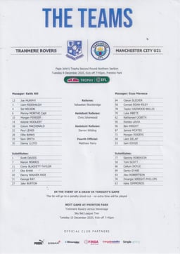 Tranmere Rovers v Man City U21 Match Programme 2020-12-08